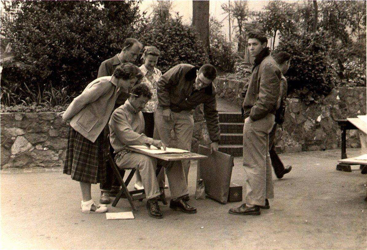 Henry (seated) sketching at California College of Arts and Crafts, 1953