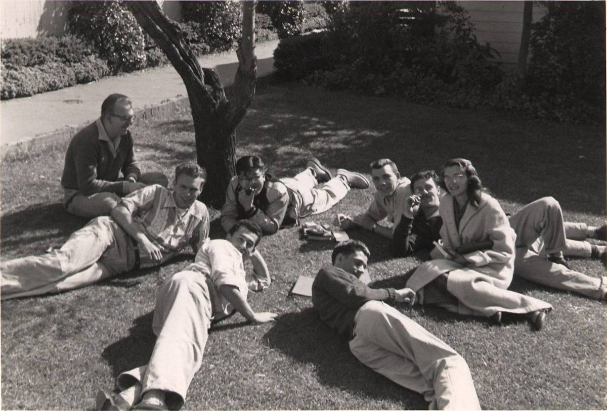 Henry (2nd upper right), Bruce McGaw (left of Henry), and classmates at California College of Arts and Crafts, Oakland, CA, 1954