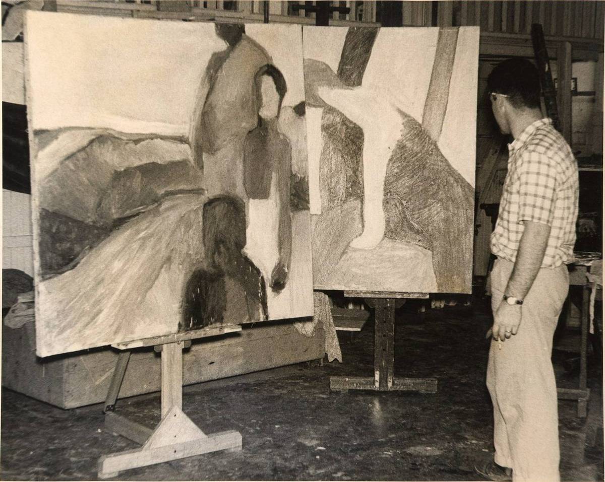 Henry painting in studio at California College of Arts and Crafts, 1954