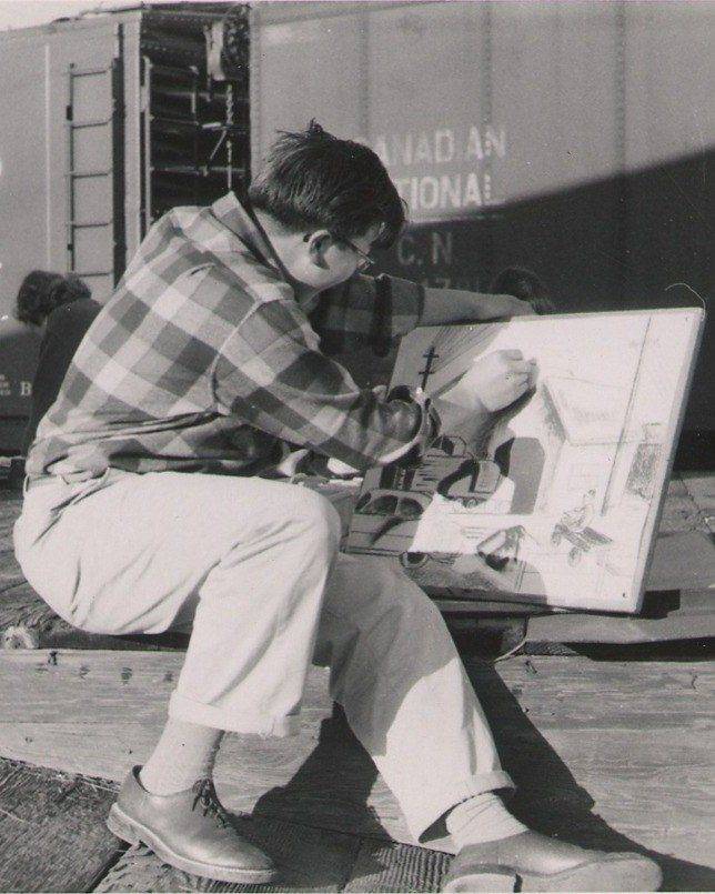 Jack Wong sketching, Oakland, CA, 1954