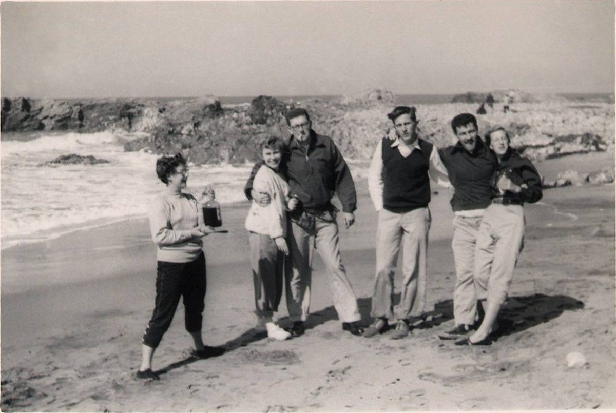 Matt Glassine, Neal Stark, and Henry, Barbara is to Henry's right, Stinson Beach, CA, 1954