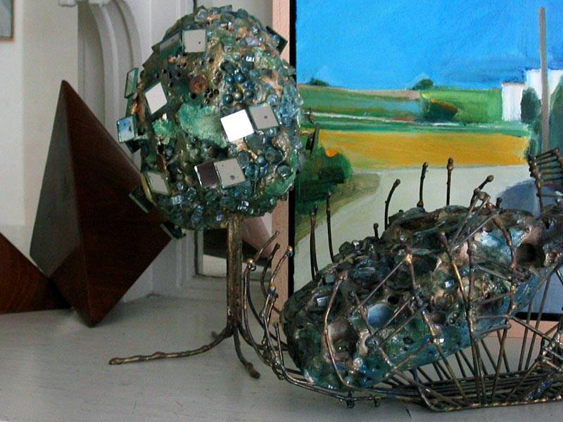 Sculptures by Henry Villierme, mixed media: stone, welded metal, glass, mirror, and paint, circa early 1980s